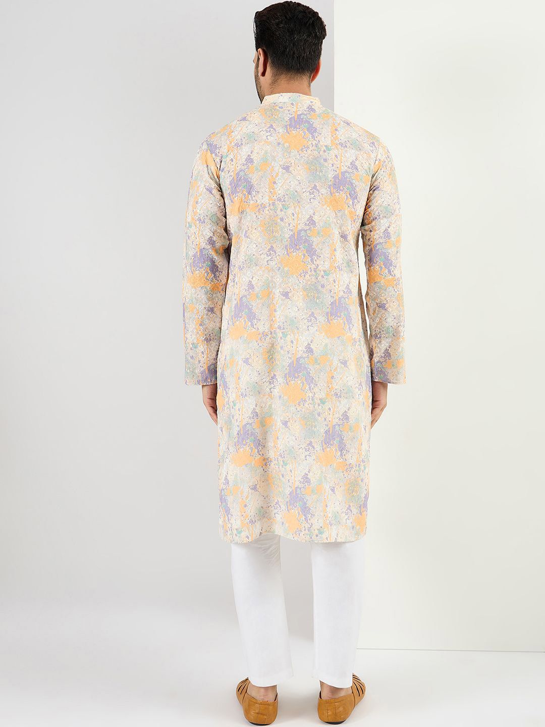 Men Off White Viscose Rayon Abstract Embroidered Straight Kurta With Pant Set-MKSET1063