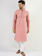 Men Pink Viscose Rayon Embroidered Straight Kurta With Pant Set-MKSET1060