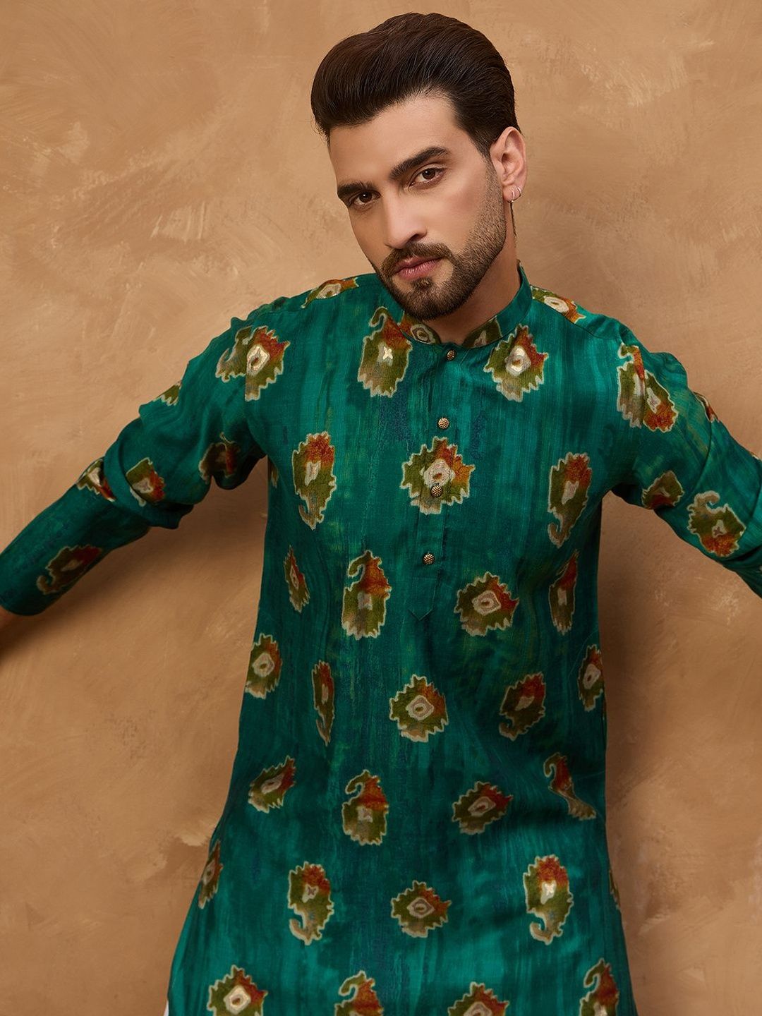 Men Teal Viscose Rayon Ethnic Motifs Printed Straight Kurta With Pant Set-MKSET1541
