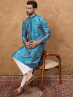 Men Blue Silk Blend Geometric Printed Straight Kurta With Pant Set-MKSET1527