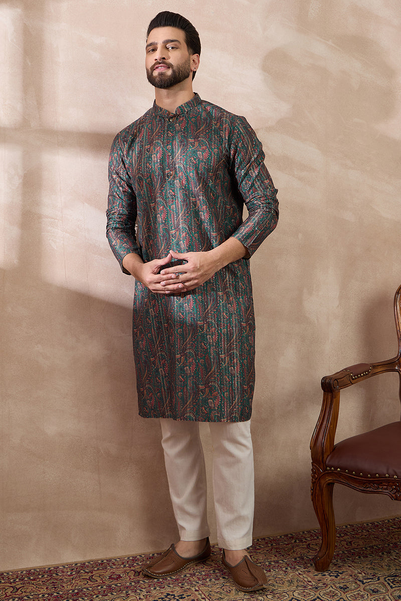 Green Silk Blend Printed Mandarin Collar Straight Kurta With Trouser MKSET2050