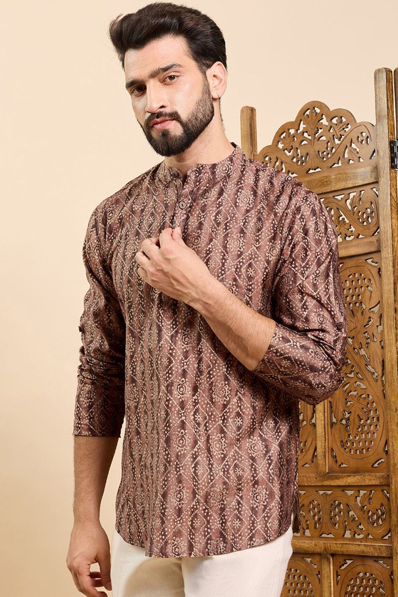 Brown Cotton Geometric Printed Straight Kurta HOPMSKU1008BWN