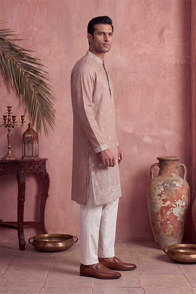 Pink Silk Blend Solid Embroidered Kurta With Trousers MKSET2173