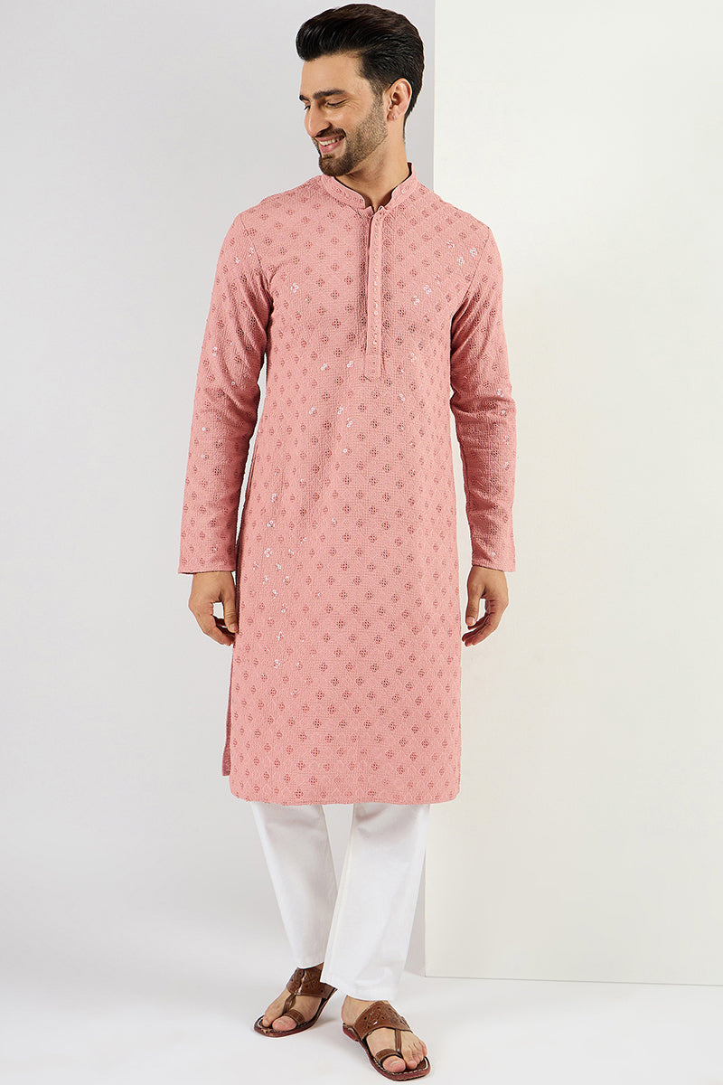 Pink Viscose Rayon Solid Embroidered Long Straight Kurta For Men MKU1060