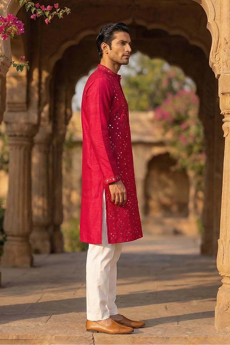 Pink Silk Blend Solid Embroidered Kurta With Trousers MKSET2076