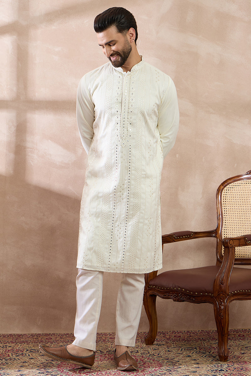 White Silk Blend Embroidered Mandarin Collar Straight Kurta MKU1891