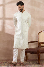 White Silk Blend Embroidered Mandarin Collar Straight Kurta MKU1891