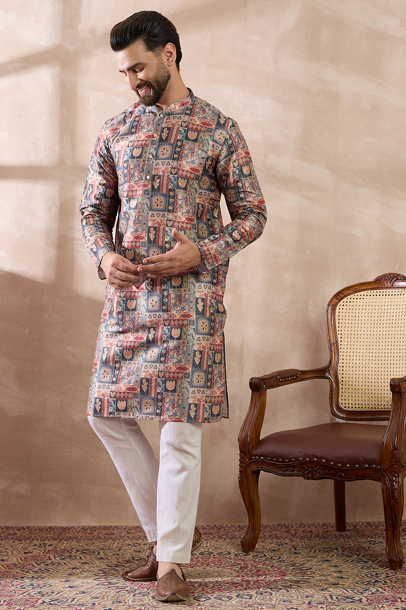 Multi Silk Blend Printed Mandarin Collar Straight Kurta With Trouser MKSET2001