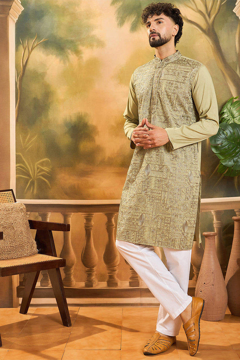 Green Silk Blend Solid Embroidered Straight Kurta MKU1493