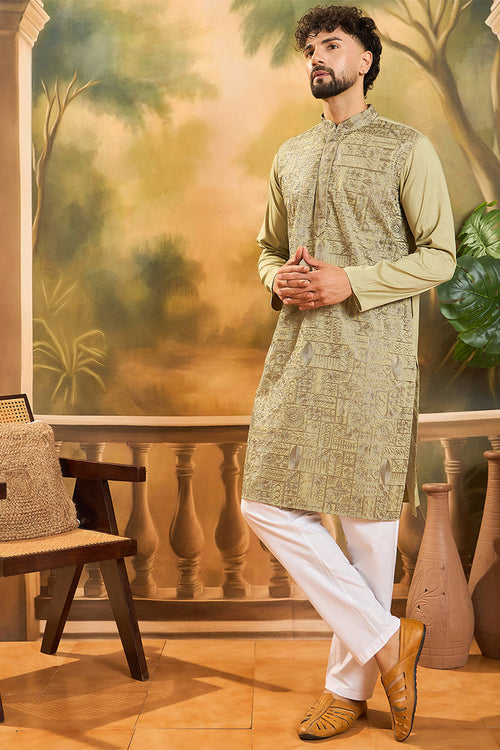Green Silk Blend Solid Embroidered Straight Kurta MKU1493