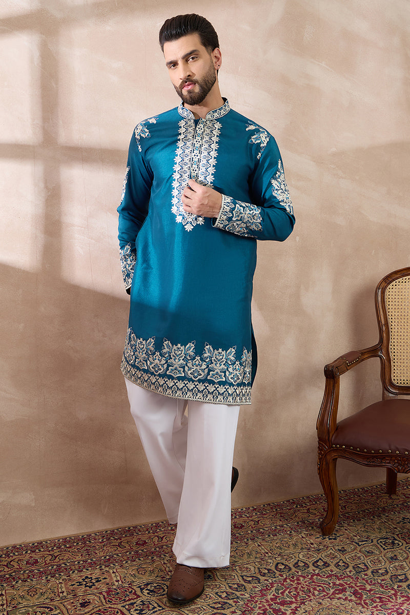 Blue Silk Blend Embroidered Mandarin Collar Straight Kurta With Trouser MKSET2017