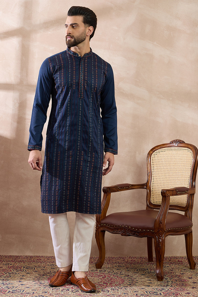 Navy Blue Silk Blend Embroidered Indian Wear for Men MKSET2040 | DesiQ