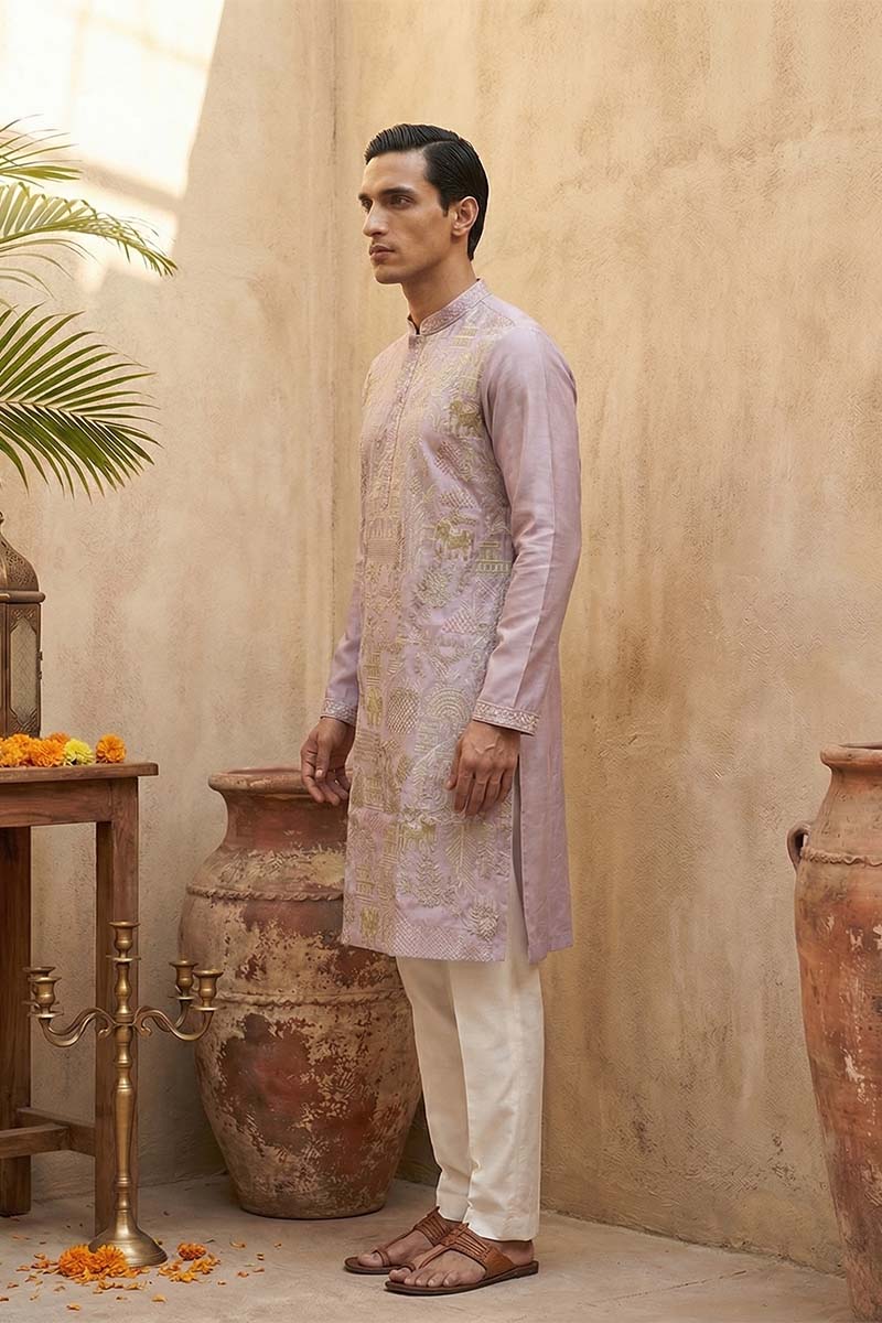 Lavender Silk Blend Embroidered Straight Kurta With Trousers MKSET2106