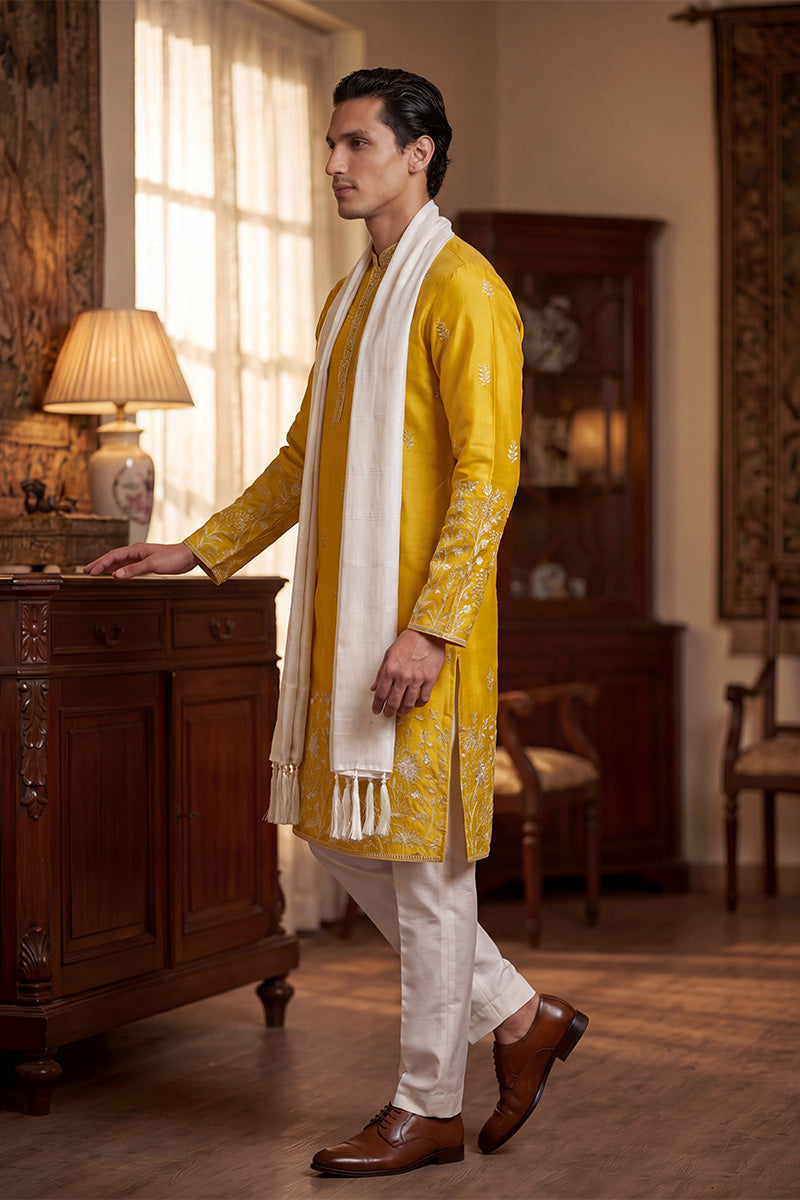 Yellow Chanderi Silk Solid Embroidered Straight Kurta Trouser with Dupatta MKPD1314