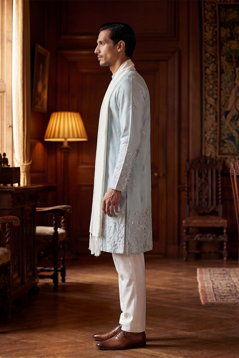 Blue Silk Blend Solid Embroidered Straight Kurta Sets MKPD1785