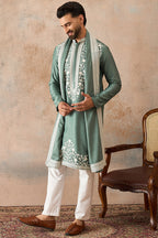 Green Silk Blend Solid Embroidered Kurta With Dupatta MKUD1040