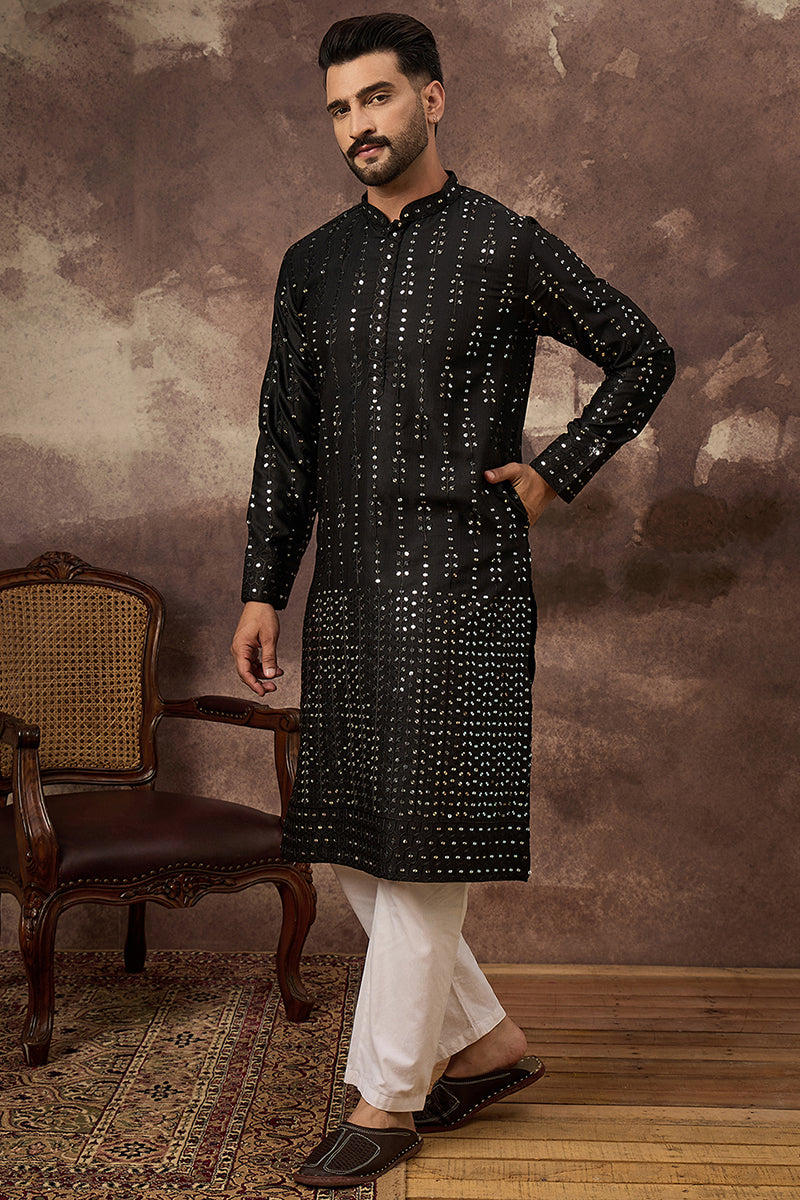 Black Silk Blend Solid Embroidered Straight Kurta MKU1360