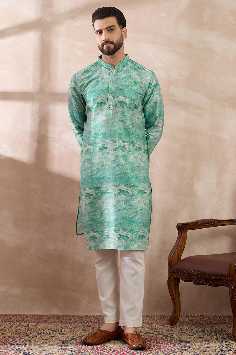 Green Silk Blend Printed Mandarin Collar Straight Kurta With Trouser MKSET2022