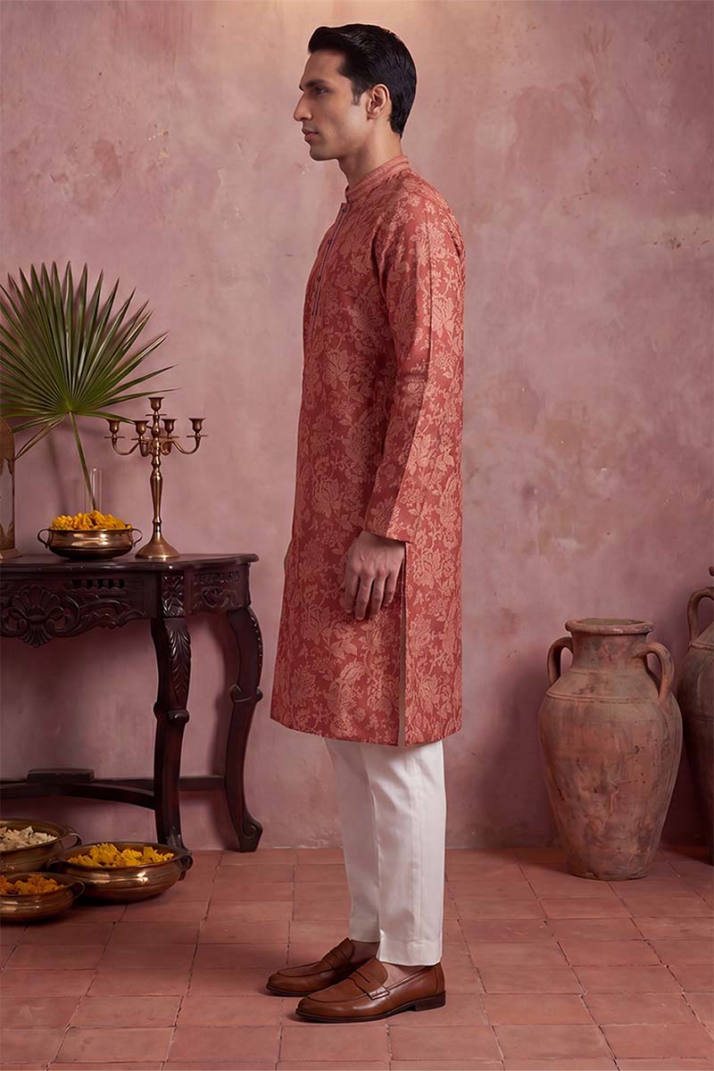 Red Silk Blend Floral Printed Kurta MKU1979