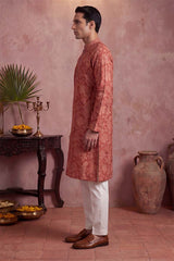 Red Silk Blend Floral Printed Kurta MKU1979