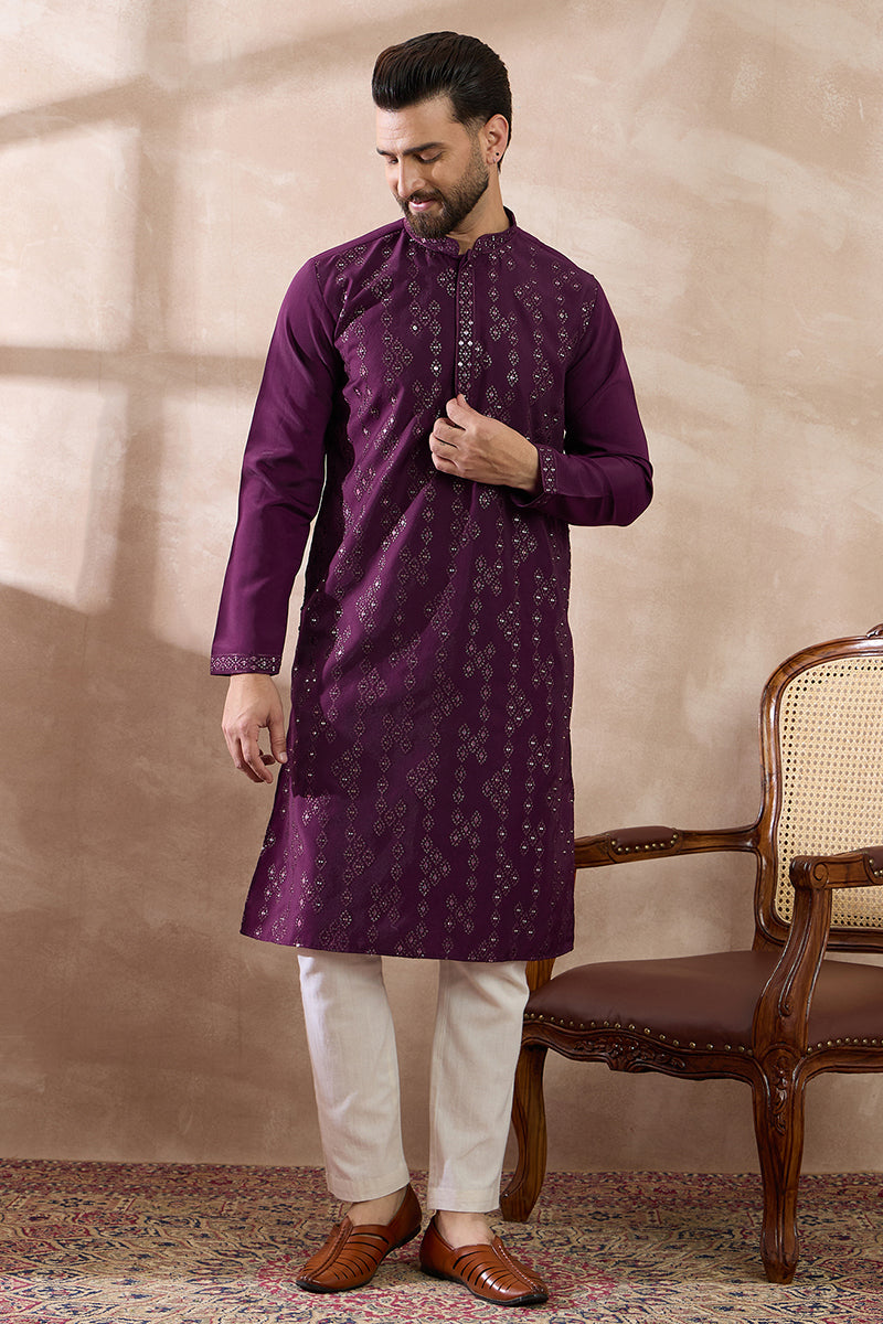 Purple Silk Blend Embroidered Mandarin Collar Straight Kurta With Trouser MKSET2078