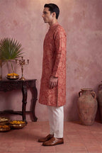 Red Silk Blend Floral Printed Kurta With Trousers MKSET1979