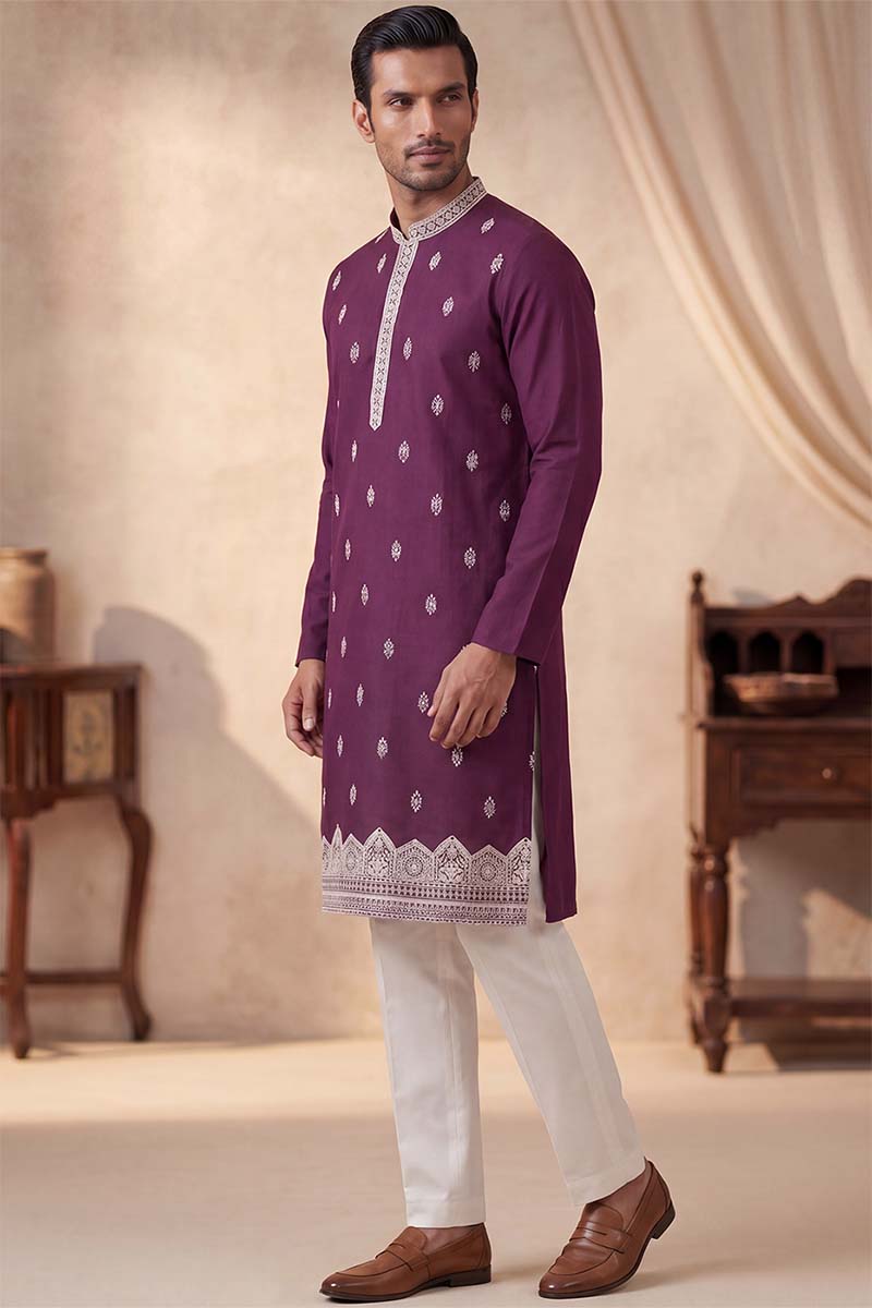 Silk Blend Purple Solid Embroidered Calf Length Straight Kurta With Trousers MKSET2272
