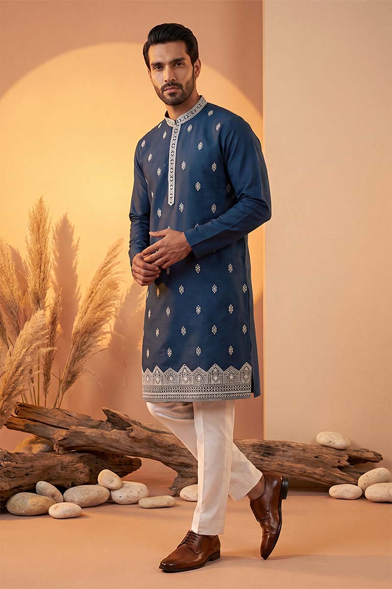Silk Blend Blue Solid Embroidered Calf Length Straight Kurta MKU2274