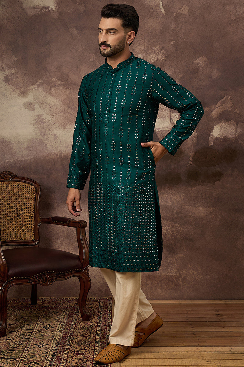 Teal Silk Solid Embroidered Straight Kurta MKU1357