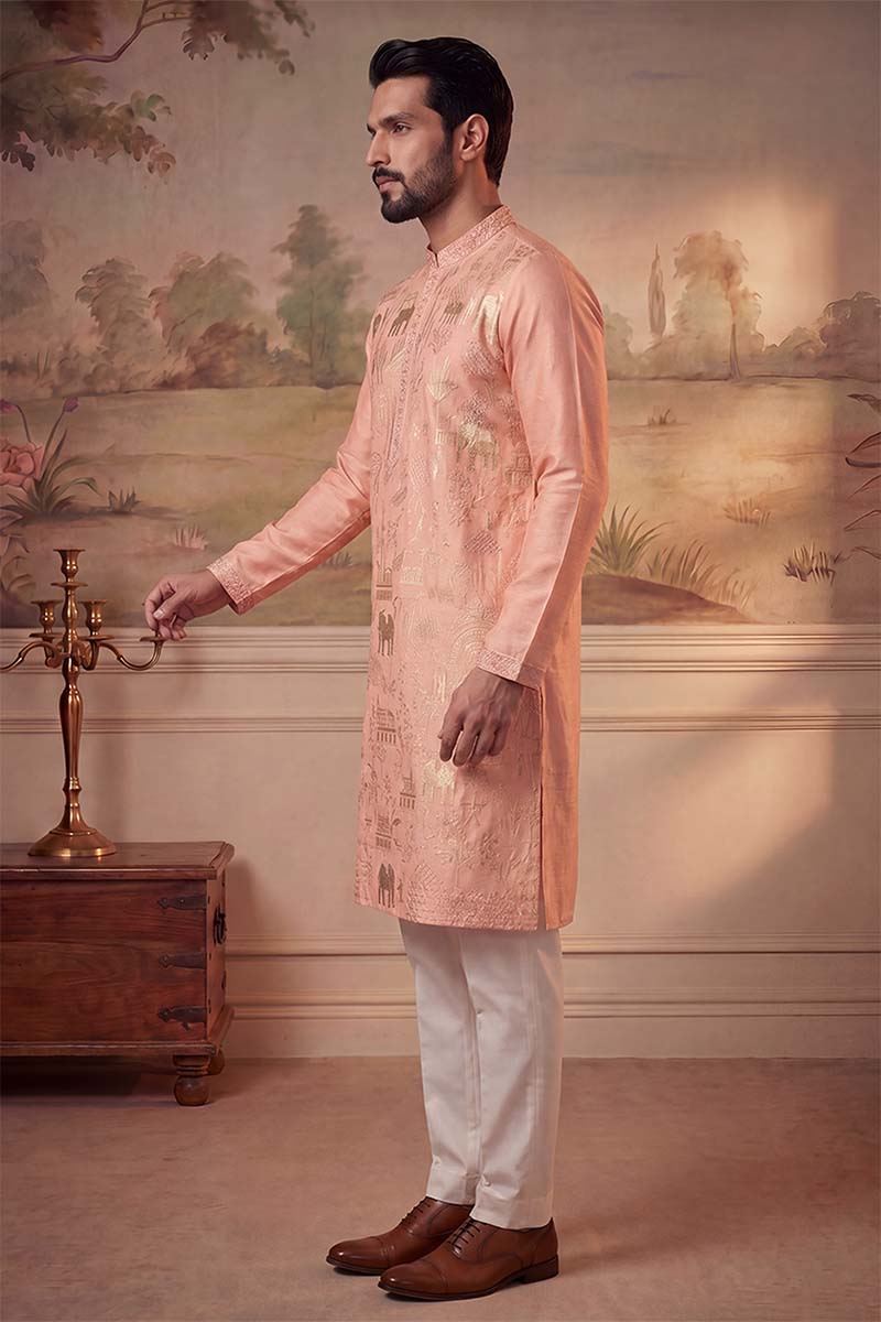Peach Viscose Rayon Solid Embroidered Kurta With Trousers MKSET2092