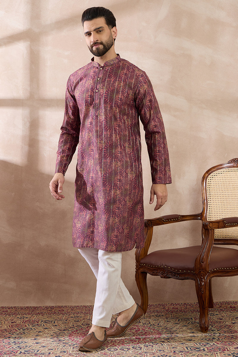 Purple Silk Blend Printed Mandarin Collar Straight Kurta With Trouser MKSET2023
