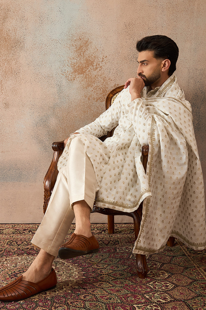 White Jacquard Woven Design Floral Straight Kurta Sets MKPD1049