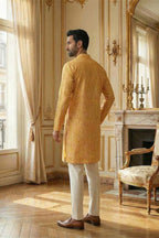 Yellow Silk Blend Printed Straight Kurta With Trousers MKSET2170