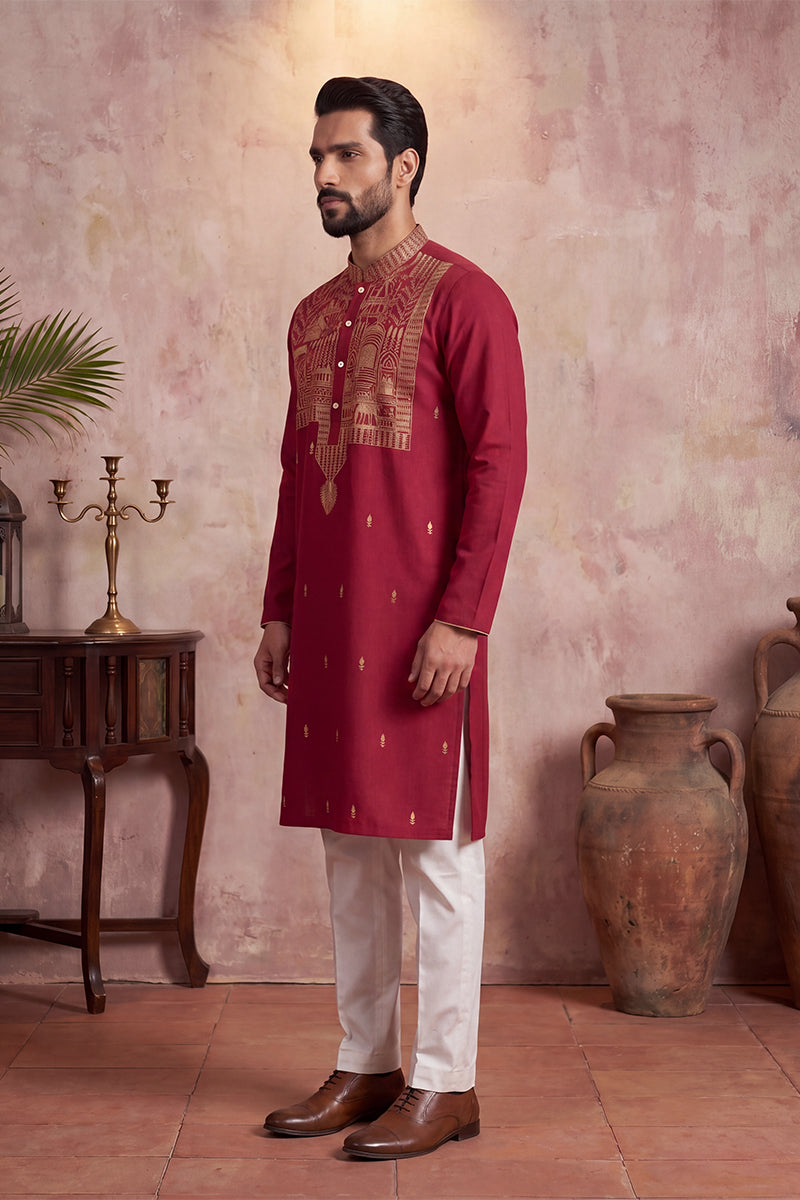 Red Silk Blend Solid Emboidered Straight Kurta With Trouser MKSET2375