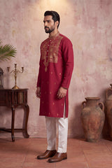 Red Silk Blend Solid Emboidered Straight Kurta With Trouser MKSET2375