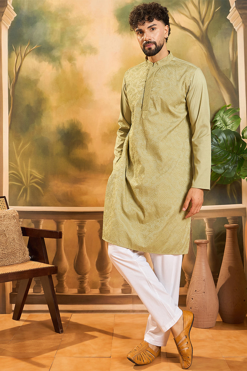 Green Silk Blend Solid Embroidered Straight Kurta MKU1497