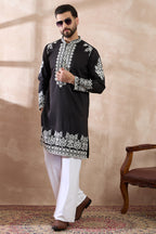 Black Silk Blend Embroidered Mandarin Collar Straight Kurta MKU2019