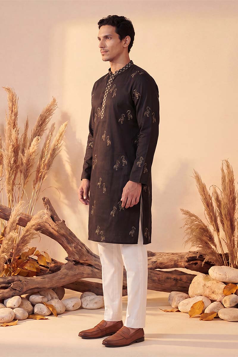 Black Silk Blend Solid Embroidered Kurta MKU1817