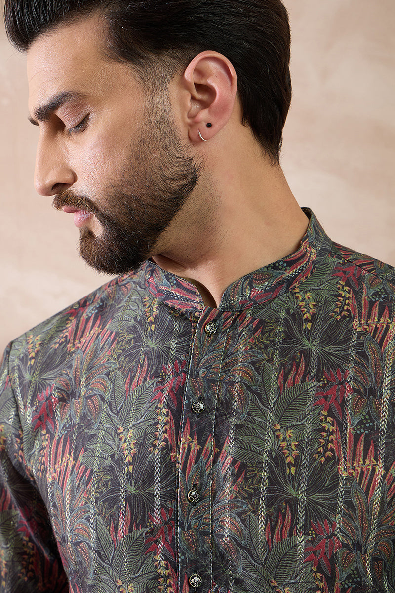 Black Silk Blend Printed Mandarin Collar Straight Kurta With Trouser MKSET2097