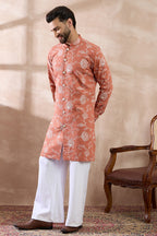 Peach Viscose Rayon Embroidered Mandarin Collar Straight Kurta With Trouser MKSET1989