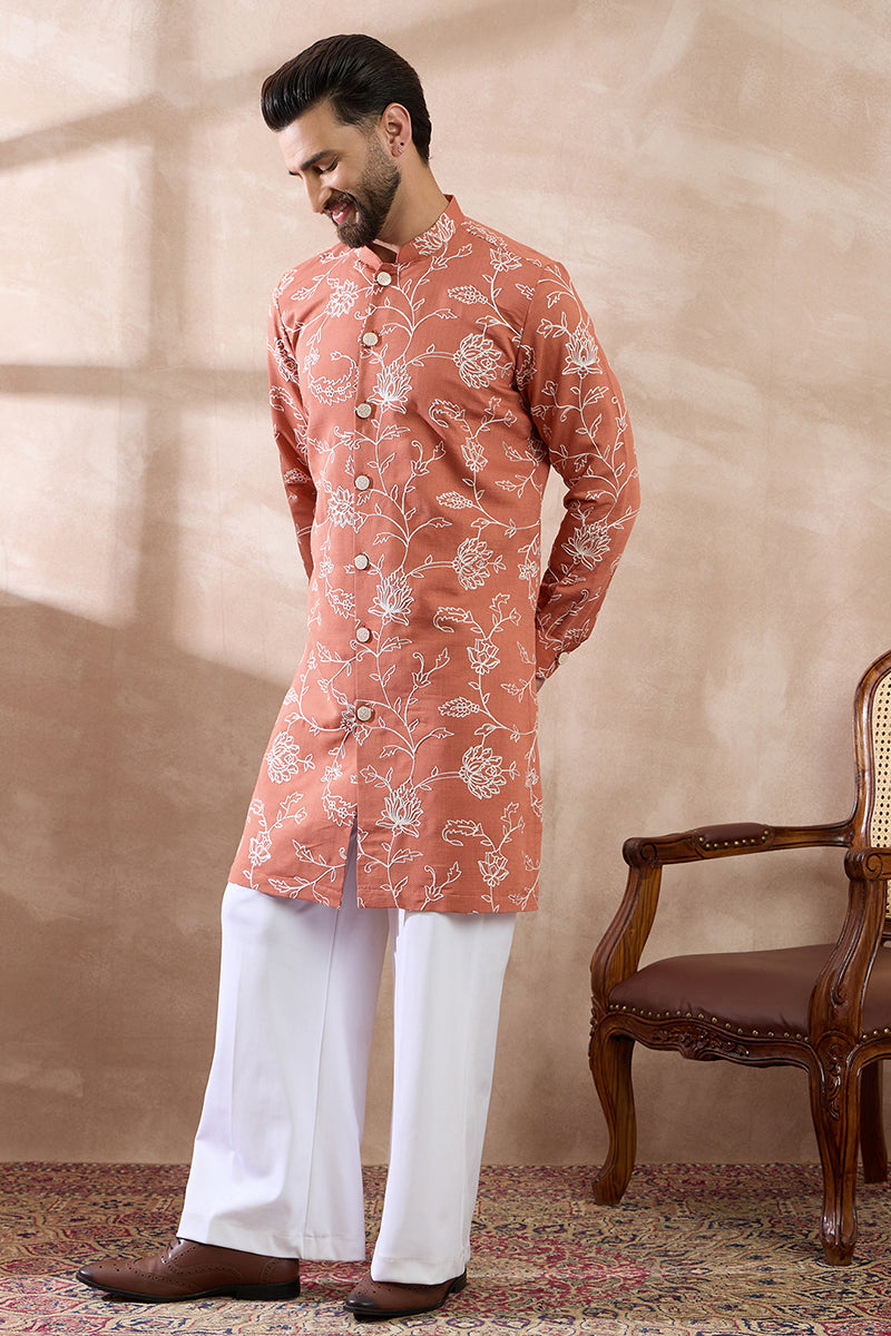 Peach Viscose Rayon Embroidered Mandarin Collar Straight Kurta With Trouser MKSET1989