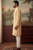 Yellow Cotton Blend Chevron Embroidered Kurta MKU2066