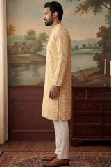 Yellow Cotton Blend Chevron Embroidered Kurta MKU2066