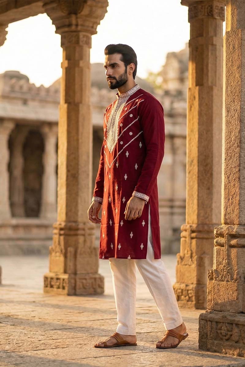 Maroon Silk Blend Embroidered Straight Kurta With Trousers MKSET2048