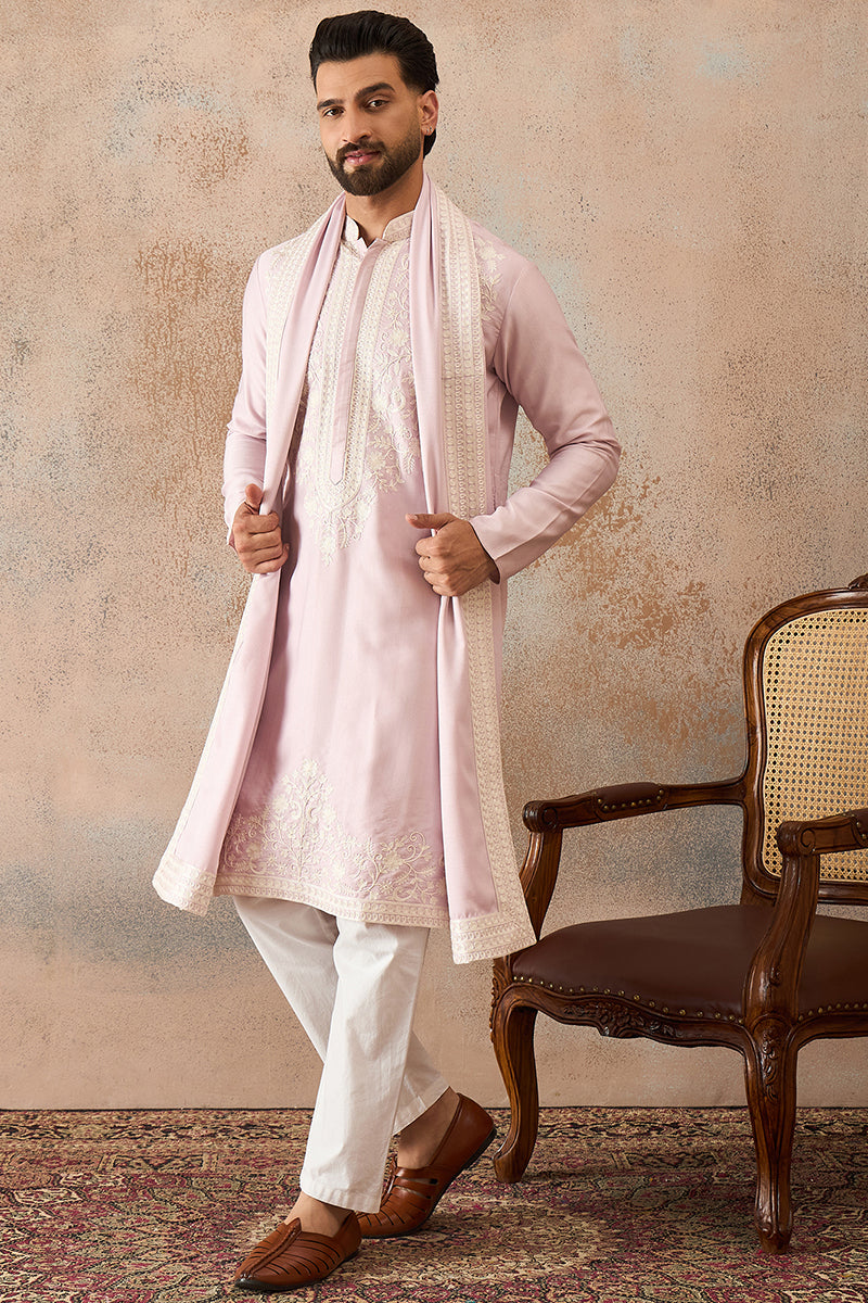 Lavender Silk Blend Solid Embroidered Kurta With Dupatta MKUD1038