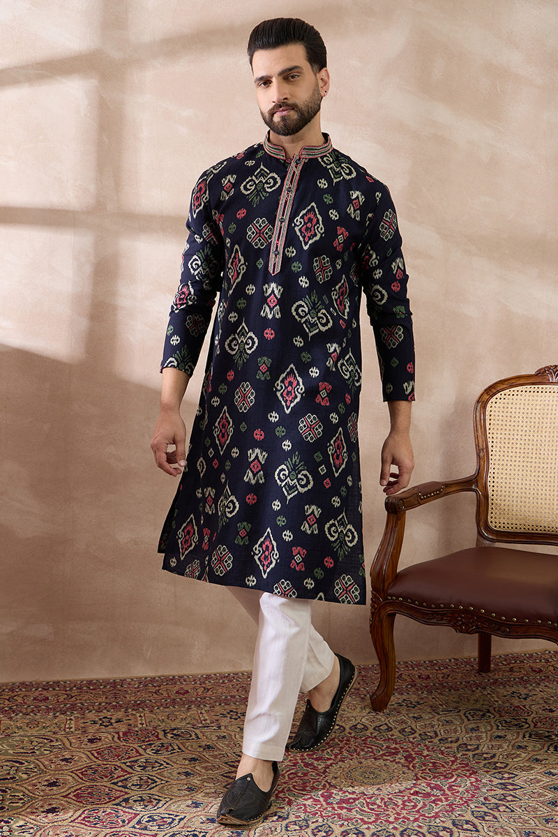 Blue Silk Blend Printed Mandarin Collar Straight Kurta With Trouser MKSET1987