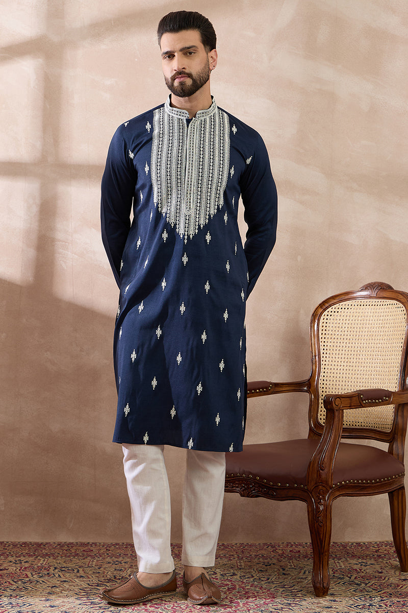Navy Blue Silk Blend Embroidered Mandarin Collar Straight Kurta MKU1795