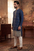 Silk Blend Blue Solid Embroidered Calf Length Straight Kurta With Trousers MKSET2099