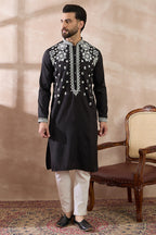Black Silk Blend Embroidered Mandarin Collar Straight Kurta MKU1884