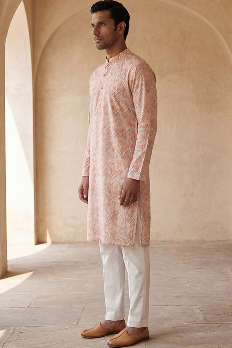 Peach Cotton Blend Chevron Embroidered Kurta MKU2069